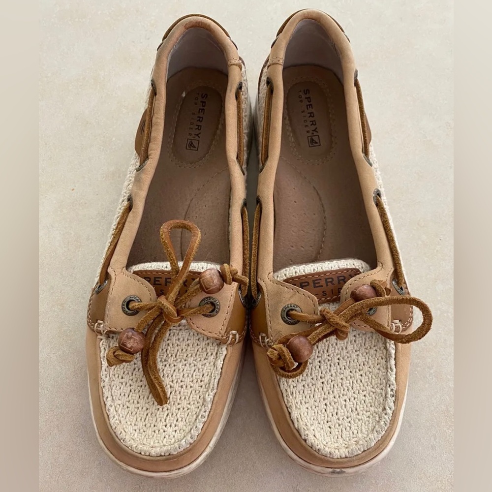 Sperry Angelfish Boat Shoes- Cream Soft Cotton Mesh/Tan Leather EUC 6.5M